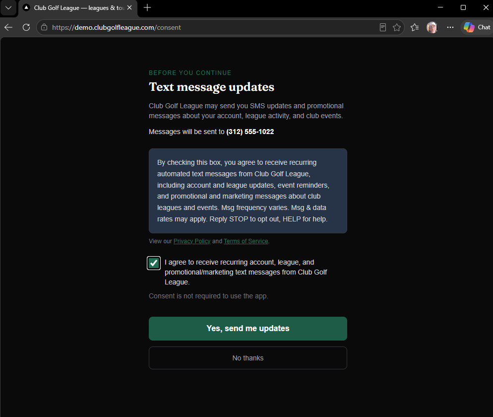 Consent screen with the agreement checkbox affirmatively checked, enabling the 'Yes, send me updates' button.