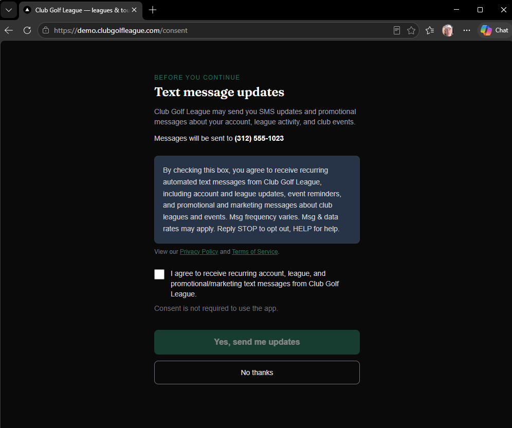 Consent screen showing the 'No thanks' option, which lets the member decline SMS and still use the app.